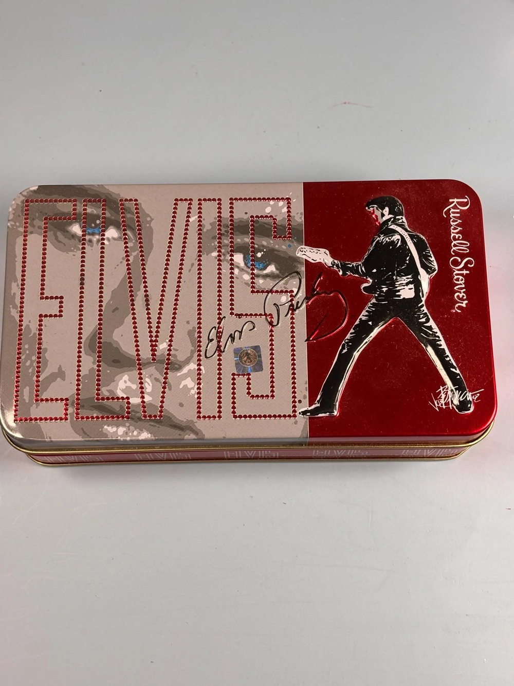 Vintage Elvis Presley Hinged Holiday Tin Russell Stover Hologram 2001 12x5x1”
